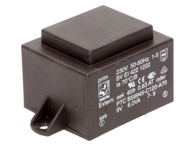 Transformator: ingegoten; 6VA; 230VAC; 9V; 667mA; PCB; BVEI Transformator: ingegoten; 6VA; 230VAC; 9V; 667mA; PCB; BVEI
